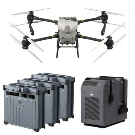 Agras battery transport cases beside a charging unit