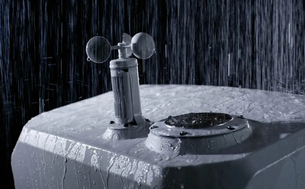 A DJI Dock 3 closed in heavy rain with its wind sensor turning
