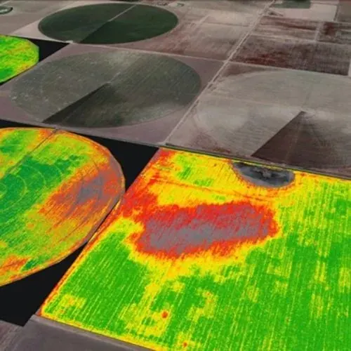 NDVI crop health map with a red stress hotspot inside a green pivot