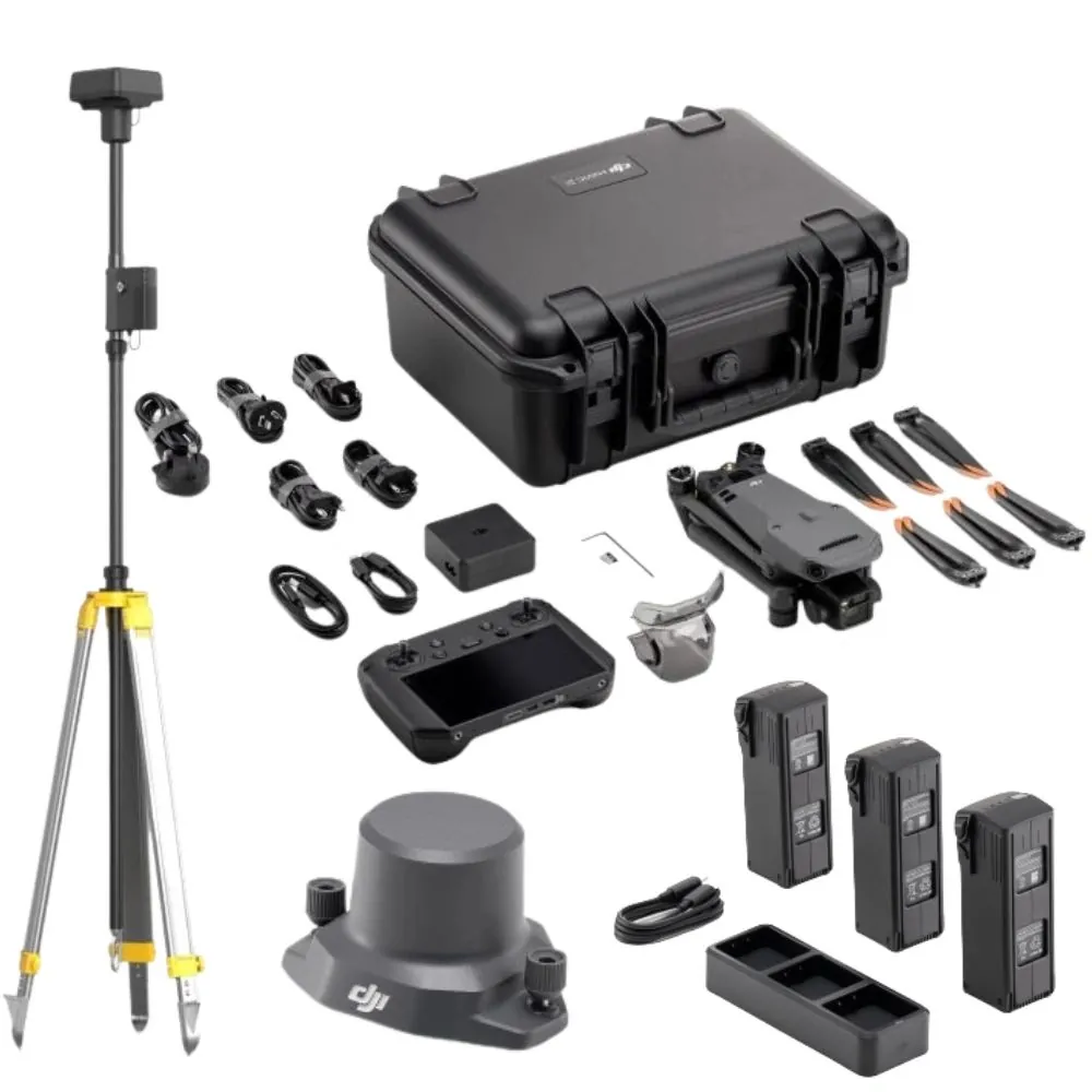 Flat-lay of DJI accessories: batteries, RTK module, tripod and cases