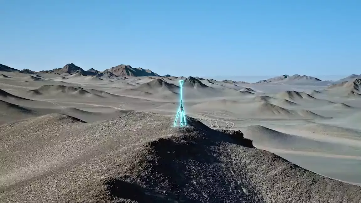 DJI Matrice 4 laser scanning terrain, the scan cone visible below the aircraft