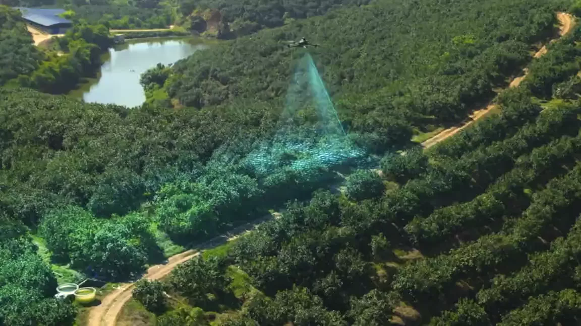 DJI Mavic 3M scanning a valley of orchards