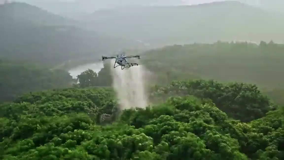 DJI Agras T100 spraying dense tree cover
