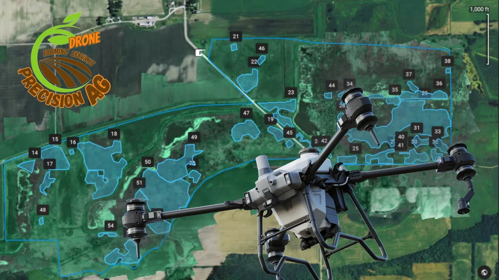 Aerial field map with numbered weed zones and a spray drone composited over it
